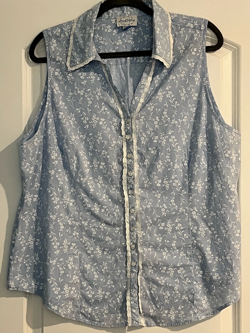 Lanz Of Salzburg Cotton Pajama Top Blouse Sleepwear Blue Floral Eyelet Lace XL
